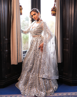 Silver Mirror Work Designer Lehenga Choli with Sequin Embellishment & Net Dupatta