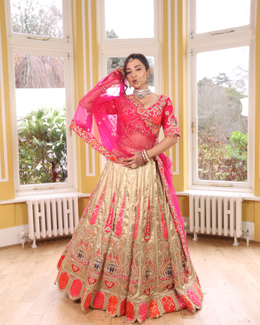 Hot Pink & Antique Gold Embroidered Bridal Lehenga Set with Net Dupatta