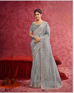 Grey Organza Embroidered Saree with sequins work