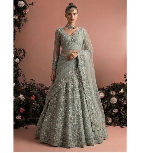 Pista green Bridal Lehenga Choli with Stone-Studded Embroidery