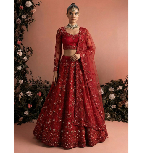 Red Bridal Lehenga Choli with Stone-Studded Embroidery
