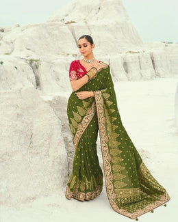 Olive Green Viscose Woven Saree with Embroidery Border