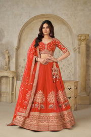Orange Banarasi Silk Wedding Lehenga with Leaf Embroidery & Peacock Motif