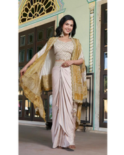 Beige Indo-Western Crop Top Draped Skirt with Cape Set