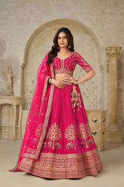 Rani Pink  Banarasi Silk Wedding Lehenga with Leaf Embroidery & Peacock Motif