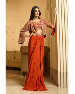 Orange Embroidered Three Piece Crape Set