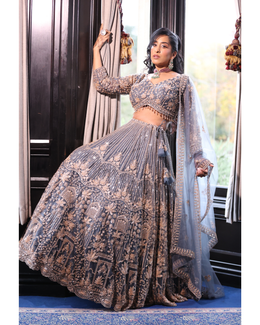 Blue Heavy Embroidered Bridal Lehenga with Statement Blouse