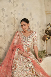 Cream Silk with Royal Silk Wedding Lehenga with Leaf Embroidery & Peacock Motifs