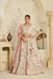 Cream Silk with Royal Silk Wedding Lehenga with Leaf Embroidery & Peacock Motifs