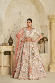 Cream Silk with Royal Silk Wedding Lehenga with Leaf Embroidery & Peacock Motifs