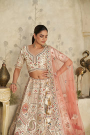 Cream Silk with Royal Silk Wedding Lehenga with Leaf Embroidery & Peacock Motifs