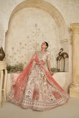Cream Silk with Royal Silk Wedding Lehenga with Leaf Embroidery & Peacock Motifs