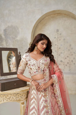 Cream & Peach Silk Wedding Lehenga with Leaf Embroidery & Peacock Motifs