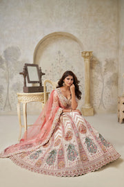 Cream & Peach Silk Wedding Lehenga with Leaf Embroidery & Peacock Motifs