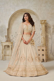 Beige Silk Wedding Lehenga with Leaf Embroidery & Peacock Motifs