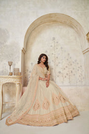 Beige Silk Wedding Lehenga with Leaf Embroidery & Peacock Motifs