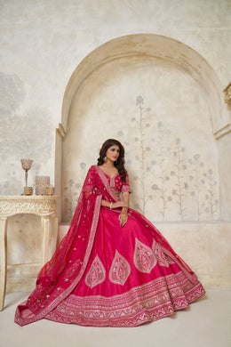 Rani Pink Silk Wedding Lehenga with Leaf Embroidery & Peacock Motifs