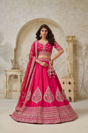 Rani Pink Silk Wedding Lehenga with Leaf Embroidery & Peacock Motifs