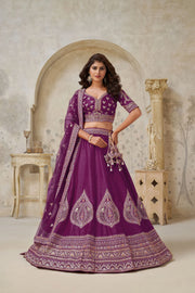 Wine Silk Wedding Lehenga with Leaf & Peacock Motifs