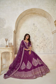 Wine Silk Wedding Lehenga with Leaf & Peacock Motifs