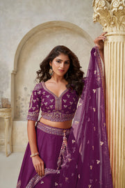 Wine Silk Wedding Lehenga with Leaf & Peacock Motifs