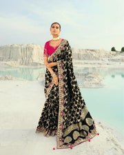 Black Viscose Woven Saree  Embroidered Sequins With Moti Work