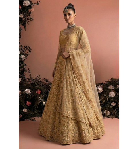 Golden Bridal Lehenga Choli with Stone-Studded Embroidery