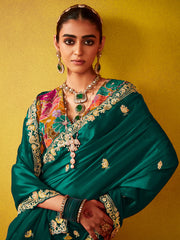 Dark Green Colour Georgette Saree Embroidered Wedding Wear With Blouse