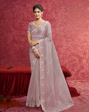 Dusty Mauve Pure Organza Embroidered Saree with sequins work