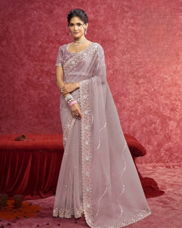 Dusty Mauve Pure Organza Embroidered Saree with sequins work