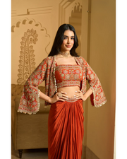 Orange Embroidered Three Piece Crape Set