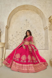 Rani Pink  Banarasi Silk Wedding Lehenga with Leaf Embroidery & Peacock Motif