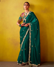 Dark Green Colour Georgette Saree Embroidered Wedding Wear With Blouse