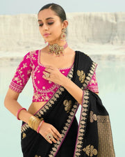 Black Viscose Woven Saree  with Embroidery Border