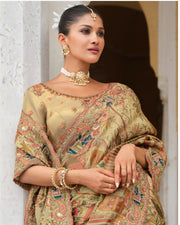 Beige Silk Saree Zari Silk Saree with Olive Green Embroidered Border & Silk Blouse