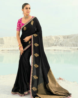Black Viscose Woven Saree  with Embroidery Border