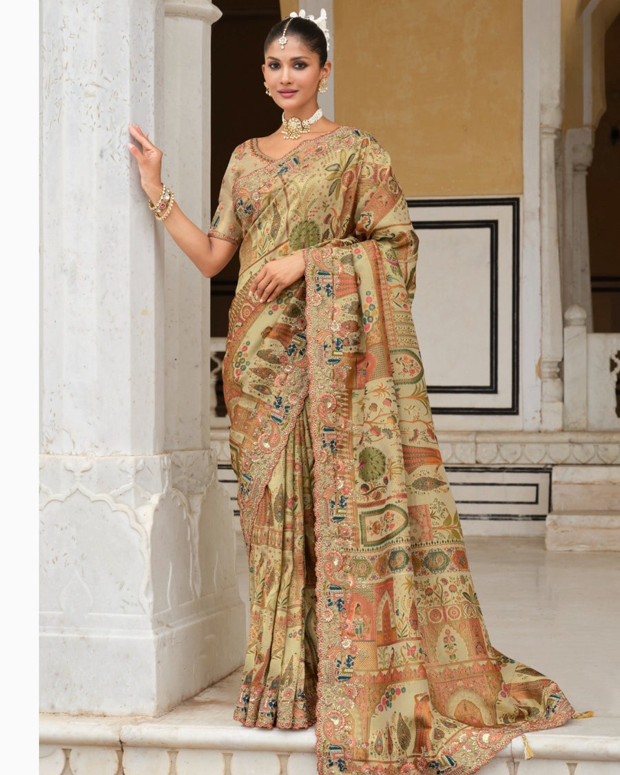 Beige Silk Saree Zari Silk Saree with Olive Green Embroidered Border & Silk Blouse