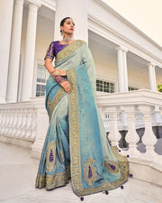 Grey and Blue Crepe Jacquard Zari Embroidery Saree