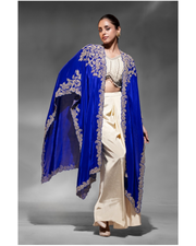 Dark Blue Crepe Blouse With Skirt & Shrug