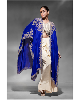 Dark Blue Crepe Blouse With Skirt & Shrug