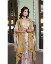 Beige Indo-Western Crop Top Draped Skirt with Cape Set