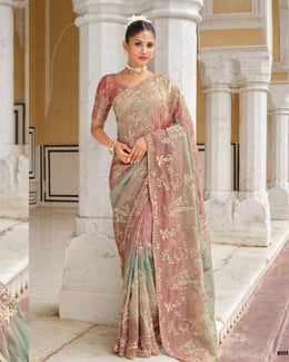 Pastel Pink Ombre Zari Silk Saree with Olive Green Embroidered Border & Silk Blouse