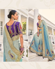 Grey and Blue Crepe Jacquard Zari Embroidery Saree
