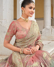 Pastel Pink Ombre Zari Silk Saree with Olive Green Embroidered Border & Silk Blouse