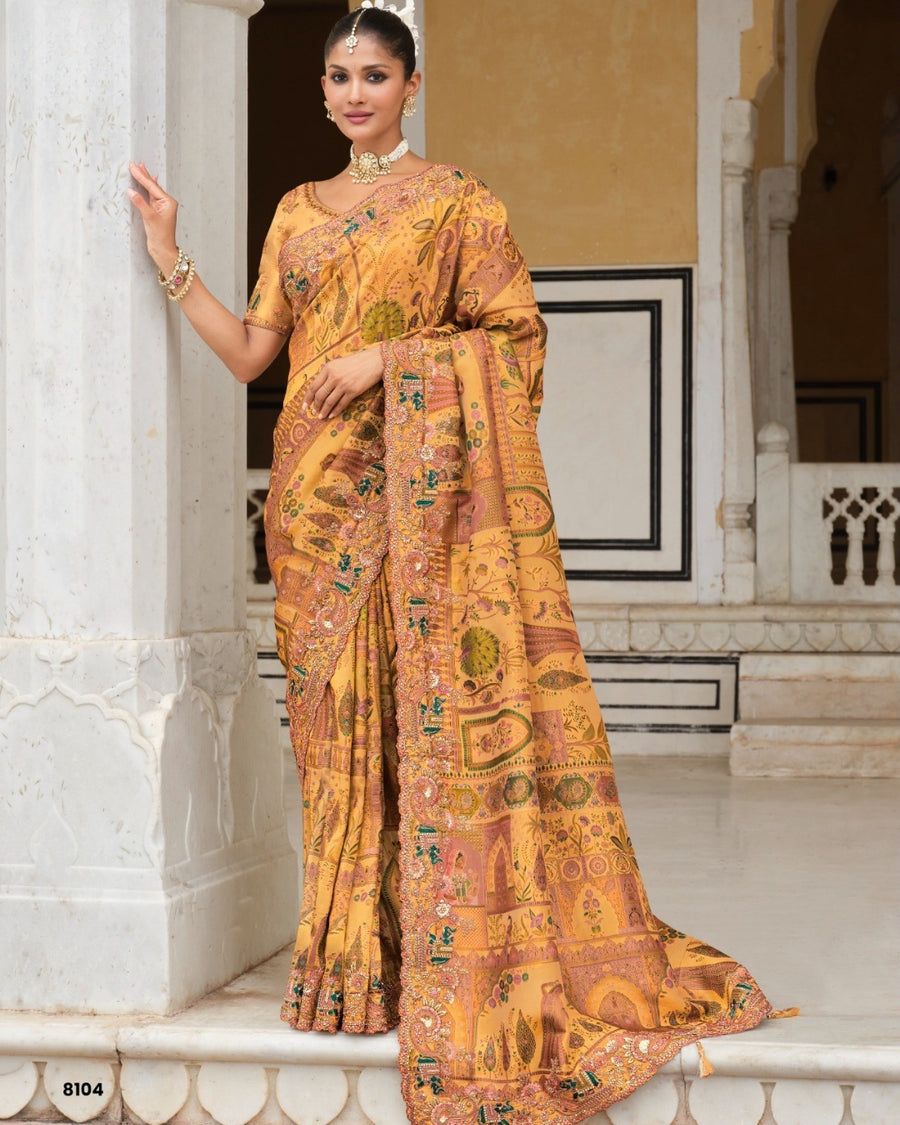 Mustard Silk Saree Zari Silk Saree with Olive Green Embroidered Border & Silk Blouse