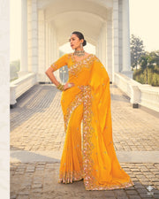 Mustard Crepe Jacquard Zarkan Embroidery Haldi Saree