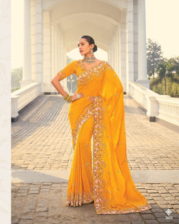 Mustard Crepe Jacquard Zarkan Embroidery Haldi Saree