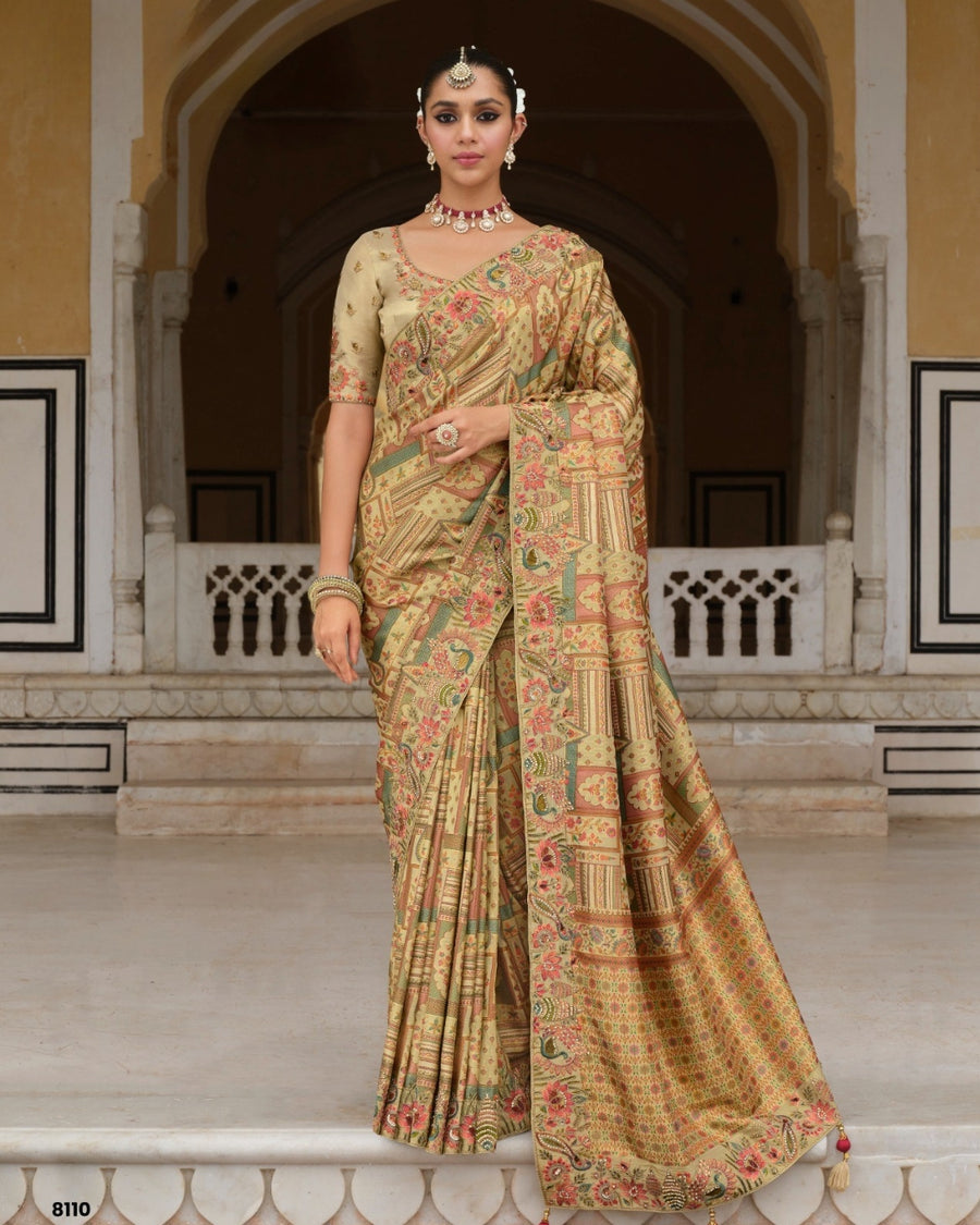 Golden Silk Saree Zari Silk Saree with Olive Green Embroidered Border & Silk Blouse