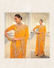Mustard Crepe Jacquard Zarkan Embroidery Haldi Saree