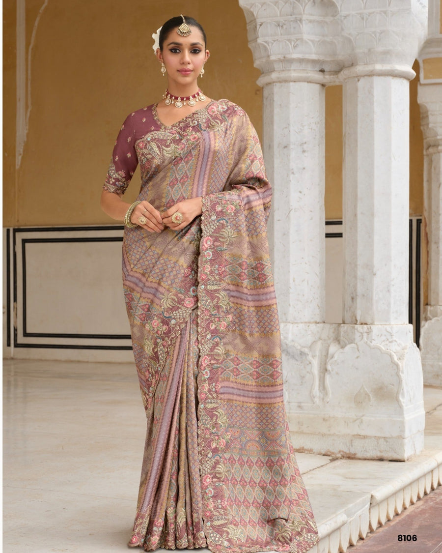 Mauve Purple  Saree Zari Silk Saree with Olive Green Embroidered Border & Silk Blouse